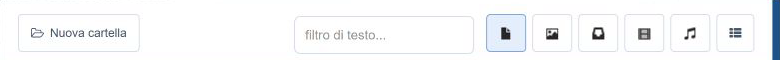 Barra reale del file manager con Nuova cartella, filtro di testo e selettori dei tipi di file.